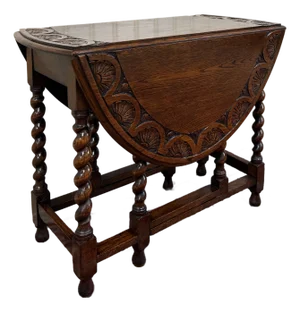 Antique English Table Drop Leaf Gateleg Carved Top Barley Twist Oak C. 1920-30s
