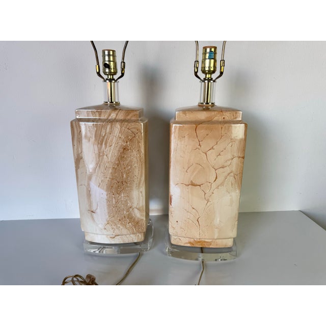 1980s 1980's Vintage Bauer Faux Marble Finish Ceramic Table Lamps - a Pair For Sale - Image 5 of 12