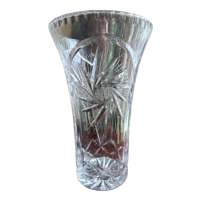 Mid-20th Century Bohemian Cut Crystal Vase Pinwheel Starburst Pattern Scalloped Rim For Sale