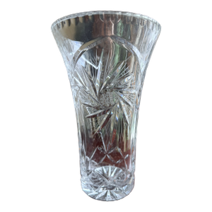 Mid-20th Century Bohemian Cut Crystal Vase Pinwheel Starburst Pattern Scalloped Rim