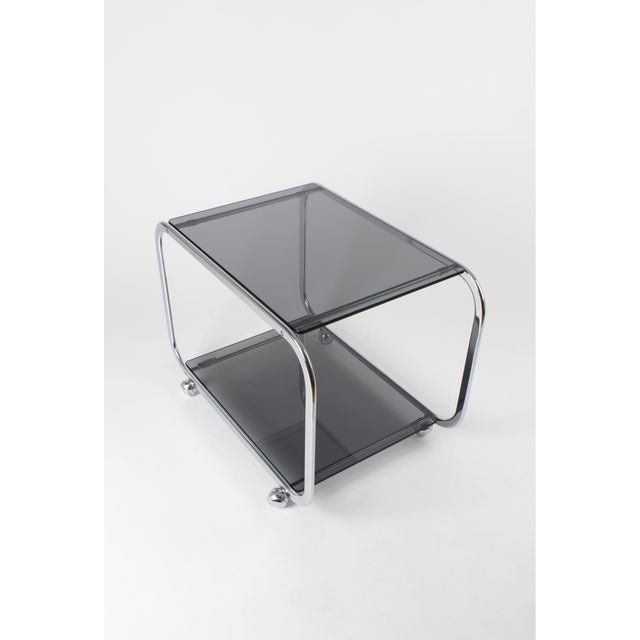 Vintage Chrome and Smoked Glass 2-Tier Coffee Table on Casters, 1970s For Sale - Image 11 of 11