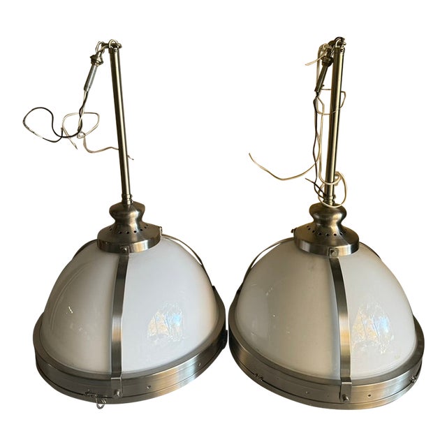 Large Vintage 1960s Chrome & Milk Glass Dome Apothecary Pendant Light Fixtures - Pair For Sale