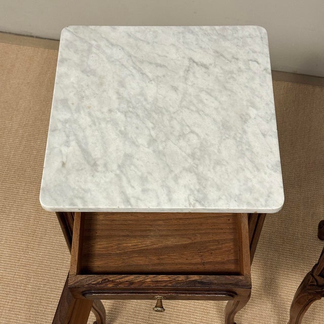 Pair of Antique French Louis XV Oak Nightstands With Carrara Marble For Sale - Image 16 of 18