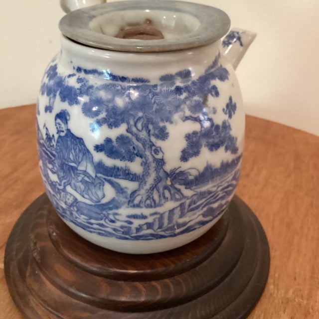 Antique Japanese Kyushu Side-Handle Porcelain Teapot/ Shanshui Scene and Calligraphy Surguch Stamp Wood Base For Sale - Image 9 of 12