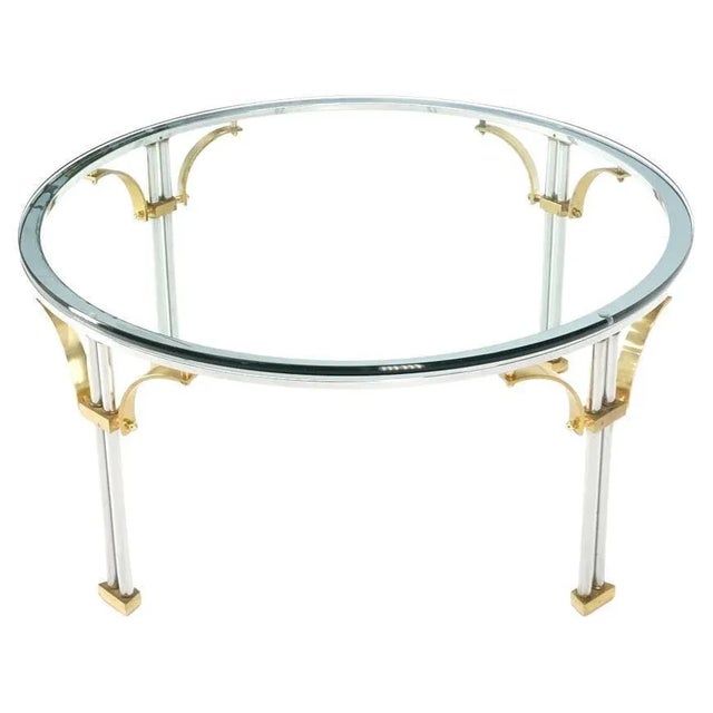 Round Glass Top Chrome Legs Solid Brass Stretchers & Feet Coffee Center Table For Sale - Image 13 of 13