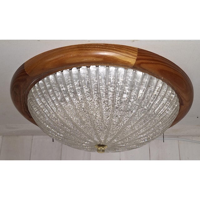 Vintage Ceiling Lamp with Pine Wood Frame and Segmented, Curved Ice Glass Shade, 1980s, in Very Good conditions. Designed...