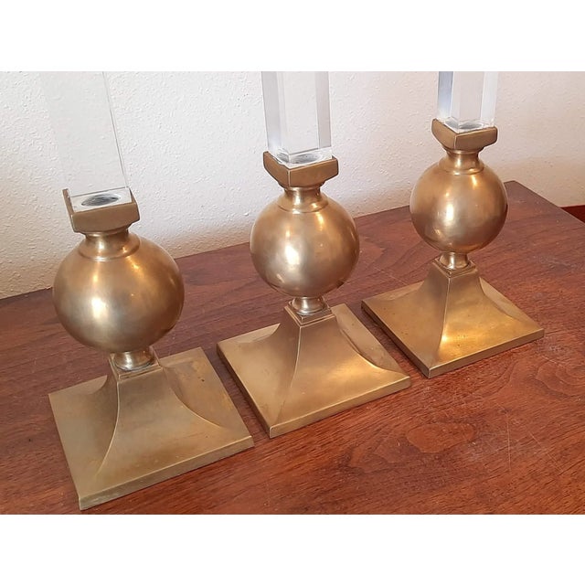 Brass Vintage Xl Brass and Lucite Candlesticks Set 3 Candle Holders For Sale - Image 8 of 13