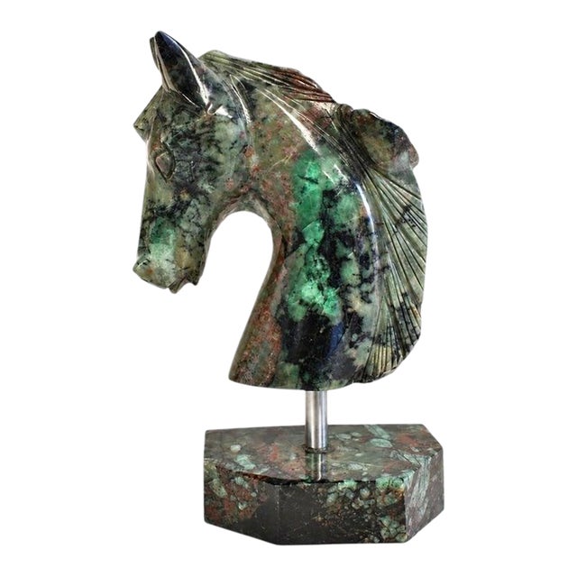 Natural Emerald Gemstone Horse Bust Sculpture Hand Carved Cherry Blossom For Sale