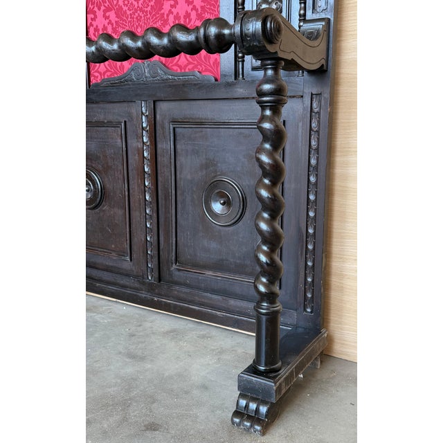19th Large Carved Spanish Solid Walnut Coat Rack Stand with Red Damask Back For Sale - Image 11 of 18