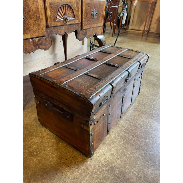 English Antique Wooden Travel Trunk With Iron Strapping For Sale - Image 3 of 7