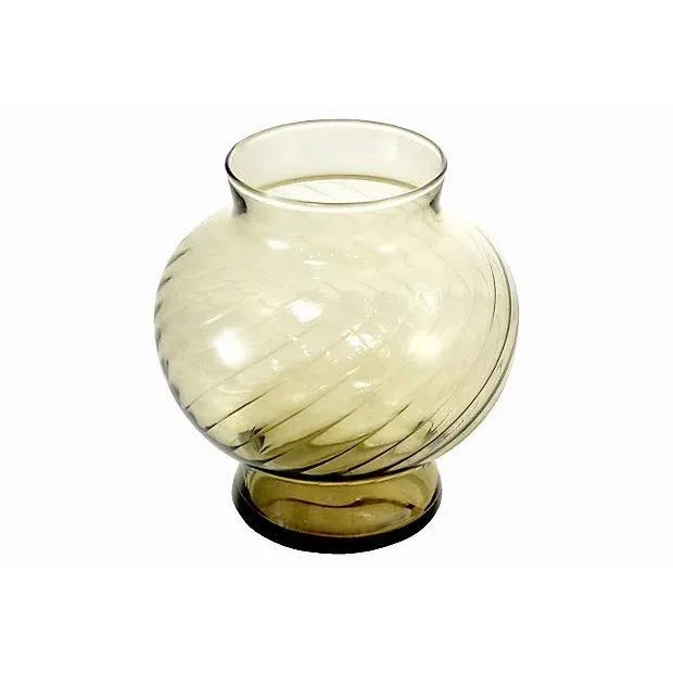 Mid century taupe gray smoke vintage glass ball vase with an optic swirl pattern. Marked underside. Excellent.