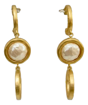 1980s Baroque Glass Pearl 3 Matte Gold Hoop Dangle Pierced -Post Earrings, 2pieces