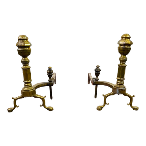 Antique Ribbed Brass and Wrought Iron Fireplace Andirons—A Pair