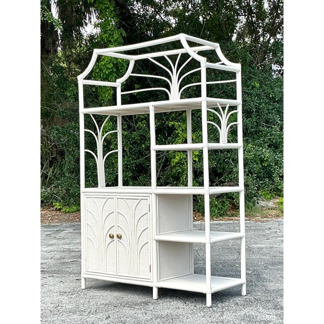 Hollywood Regency Vintage Coastal Notched Rattan Etagere For Sale - Image 3 of 11