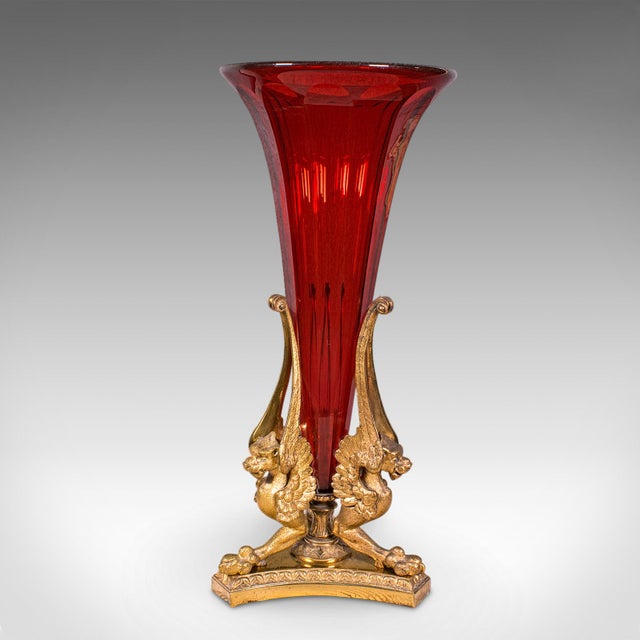 Antique Epergne, French, Gilt Bronze, Cranberry Art Glass, Flower Vase, c.1920 For Sale - Image 4 of 12