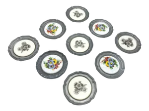 Mid-Century German Pewter and Floral Ceramic Coasters - Set of 9
