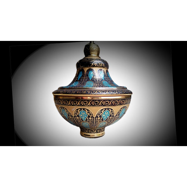 Boho Chic Hand Painted Glass Bowl With Cover Decorated With 24 Karat Gold and Multi-Blue Colors & Brass For Sale - Image 3 of 8