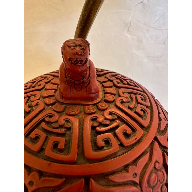 Red Chinese Cinnabar Table Lamp With Foo Dog Finial For Sale - Image 8 of 8