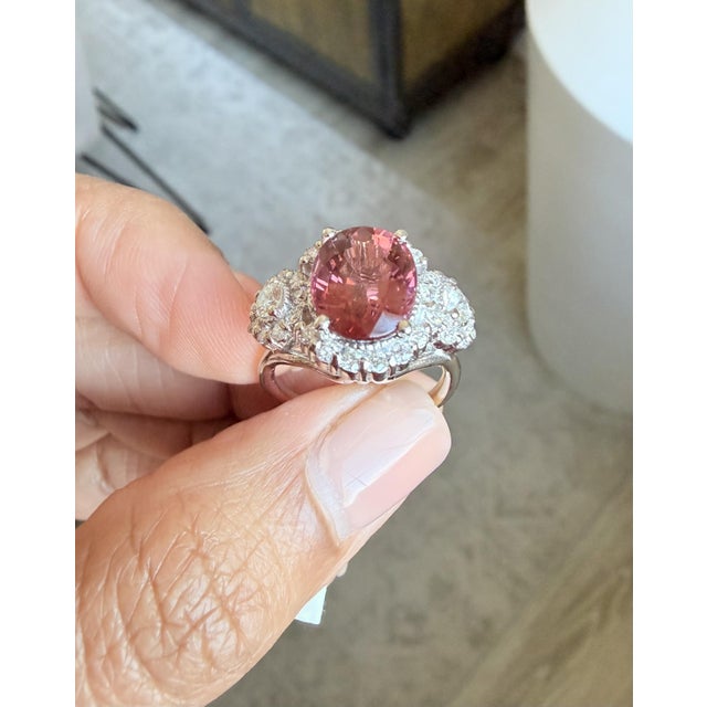 Metal 4.97 Carat Pink Tourmaline Diamond 14 Karat White Gold Ring, Size 7 For Sale - Image 7 of 8