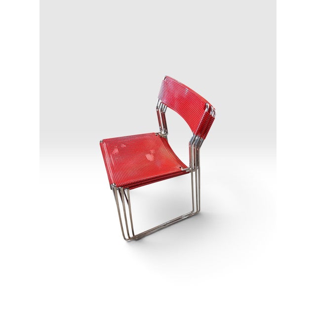 Red Vintage 1970s Red Perforated Mesh & Chrome Stacking Dining Chairs – Set of 3 For Sale - Image 8 of 10