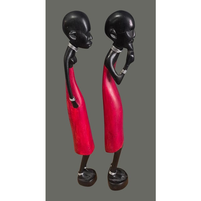 Red African Figural Couple Carved Painted Wood Tribal Maasi Statuettes For Sale - Image 8 of 10