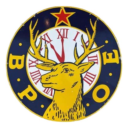 Vintage Art Deco Enamel Sign, Elks Club B.P.O.E., Two-Sided, 30-Inch For Sale