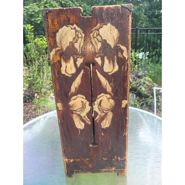 1910s Antique Arts & Crafts Carved & Pyrographic Iris Umbrella Stand, C. 1910 For Sale - Image 5 of 9