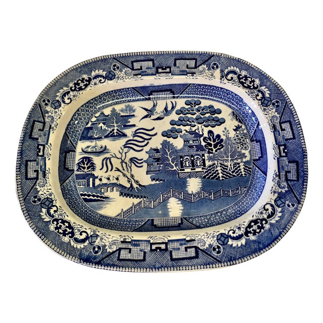 Large Victorian Ironstone Meat Plate with Willow Pattern For Sale