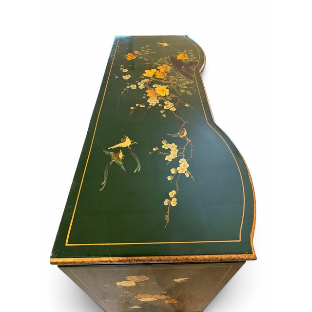 Vintage Chinese Green Lacquered Serpentine Credenza / Sideboard With Soapstone Inlay For Sale - Image 11 of 12
