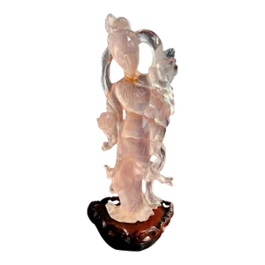 Antique Chinese Hand-Carved Fine Rose Quartz Figurine of Standing Quan Yin Holding Aloft a Flower
