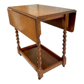 Antique English Oak Drop-Leaf Card Table or Bar Cart With Barley-Twist Legs For Sale