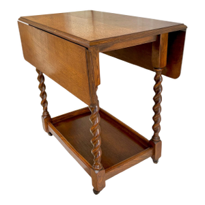 Antique English Oak Drop-Leaf Card Table or Bar Cart With Barley-Twist Legs