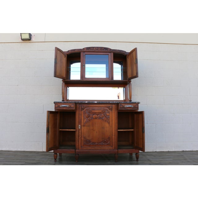 Art Deco Antique French Art Deco Buffet Hutch With Marble Top, Mirror & Glass Display Cabinet | C. 1920 For Sale - Image 3 of 18