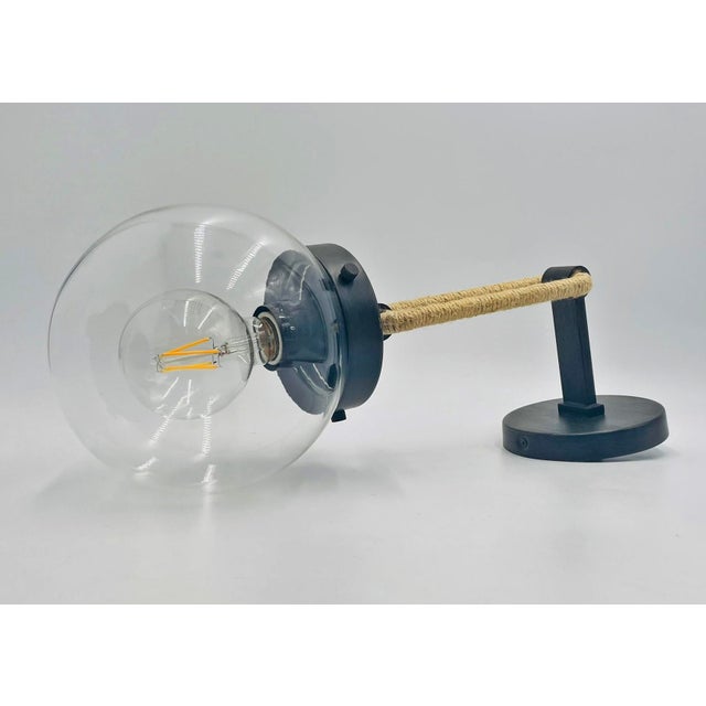 Vintage Attributed to Visual Comfort Modern Jute Rope Wall Sconces Brass Finish With Glass Globes - a Pair For Sale - Image 11 of 17