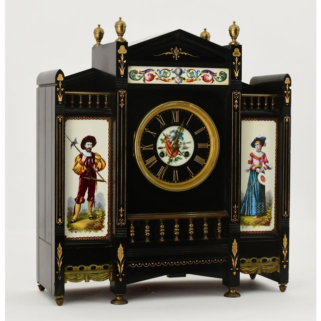 Antique French Black Marble and Hand-Painted Clock Garniture Set, Late 19th Cent For Sale - Image 4 of 11