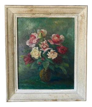 Lepic, Still Life with Rose Bouquet, 1950s, Painting, Framed