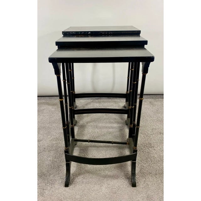 Early 20th Century Chinoiserie Black Lacquered Japanned Nesting Tables - Set of 3 For Sale In New York - Image 6 of 12
