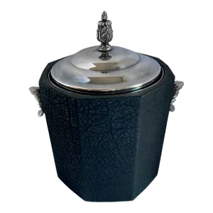 Vintage Faux Textured Black Leather and Silver Plate Ice Bucket