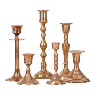 Set of 6 Vintage Assorted Brass Candlestick Holders For Sale