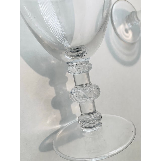 Glass Signed 1950’s Vintage Lalique ‘Saint Hubert’ Crystal Water or Wine Goblet With 3 Frosted Leaf Decorations on the Stem, Art Deco Style- Set of 8 For Sale - Image 7 of 12