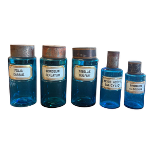 Antique French Blue Glass Apothecary Jar Collection – Set of 5 With Original Labels & Rustic Metal Lids