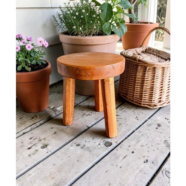 Brown Early 20th Century Primitive Pine Wood Milking Stool-Rustic Farmhouse-Plant Stand-Country-Cottage For Sale - Image 8 of 10