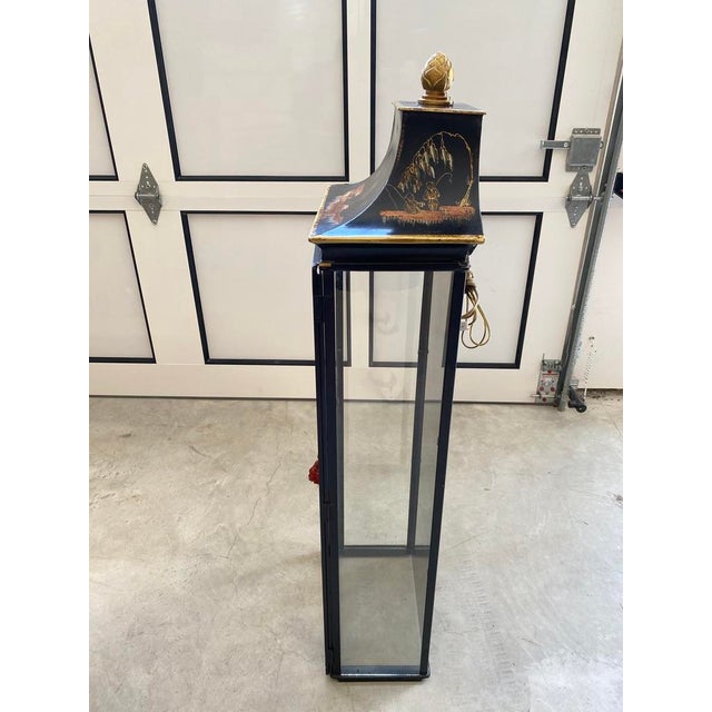 Mid-century, wall mounted, Asian-style metal and glass vitrine, with hand-painted pagoda style top. Marked "Made in Italy"...