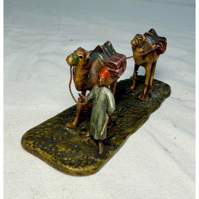 Antique 19th Century Mini Cold Painted Austrian Vienna Bronze Man 2 Camel Statue For Sale - Image 4 of 12