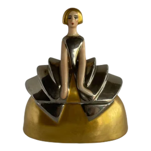 French Hand Painted Female Flapper Ceramic Powder Box by Charles Serpaut Limoges