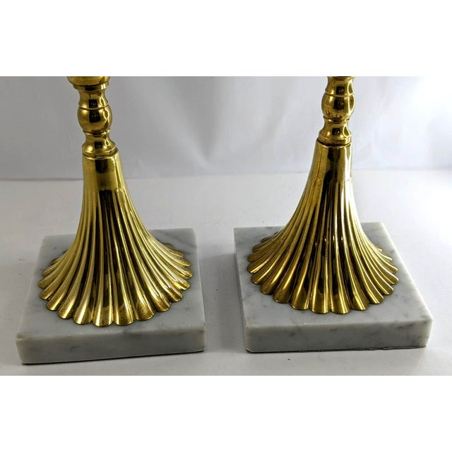 Vintage Italian Solid Ribbed Brass and Carrera Marble Candle Stick Holders-Set of 2 For Sale - Image 4 of 5
