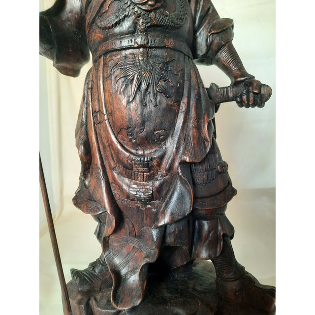 Early 20th Century Vintage Carved Hardwood Guan Yu Chinese God of War Statue For Sale - Image 5 of 8