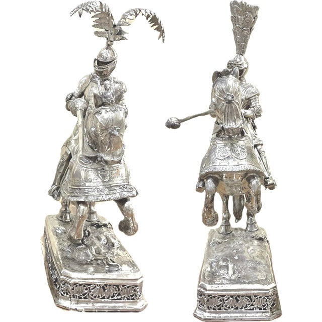 German Silver Jousting Knights on Horseback Sculptures a Pair For Sale - Image 12 of 13