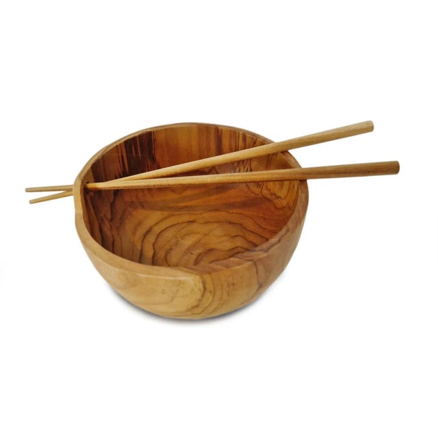 Beautiful simple sanded teak wood bowl with set of chopsticks. Each has variations in natural wood tones and grain. Each...