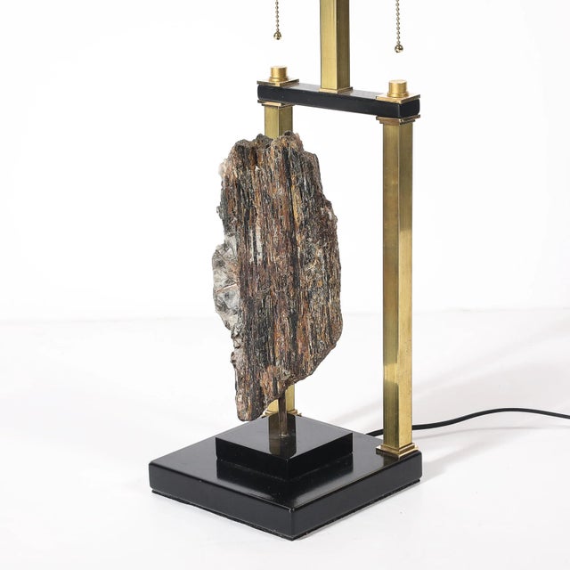 Mid-Century Rectilinear Black Lacquer & Brass Pyrite Specimen Table Lamp For Sale In New York - Image 6 of 11